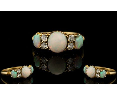 Antique Period 18ct Gold - Opal and Diamond Set Dress Ring - Gallery Setting of Pleasing Form. Marked 18ct. Hallmark for 1907