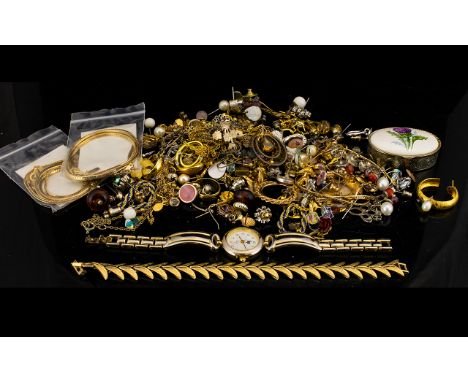 A Mixed Collection Of Costume Jewellery Containing a large collection of gold tone, white metal and stone set earrings, cryst