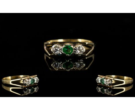 Ladies 9ct Gold Three Stone Emerald And Diamond Dress Ring Fully hallmarked, ring size K, unusual squared, open shoulder sett