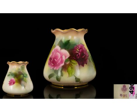 Royal Worcester Hand Painted Floral Vase of Tapered Form with Frilled Edge ' Roses ' Still Life. Date 1918 &amp; Shape 9957. 