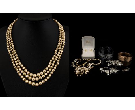 A Mixed Collection Of Costume Jewellery To include boxed 'Lotus' three stand simulated pearl necklace, Austrian crystal facet