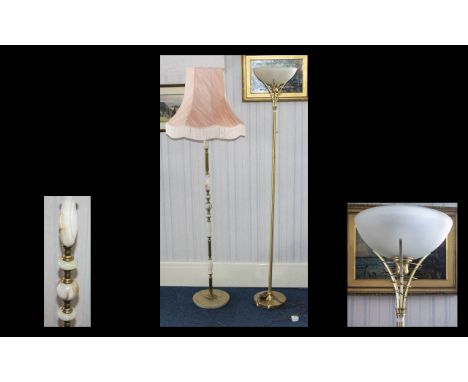 Modernist Gilt Standard Lamp With frosted glass shade. Together with gilt onyx standard lamp fitted with peach satin tassel t