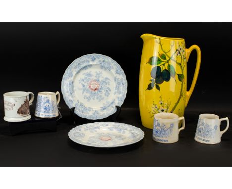Darwen Interest A Collection Of Antique Commemorative Ceramics To include two fluted edge plates with blue bird and floral mo