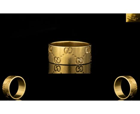 Gucci - Signed 18ct Gold Wedding Band with Gucci Logo to Exterior of Ring and Signed ' Gucci ' To Interior of Ring. Marked 18