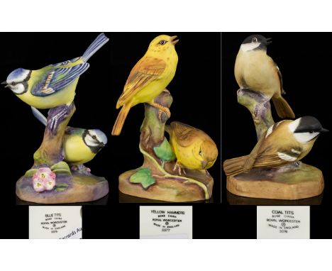 A Collection Of Royal Worcester Bird Figure Groups Three in toatl to include Coal Tits no.3376, height 5 inches, Yellow Hamme
