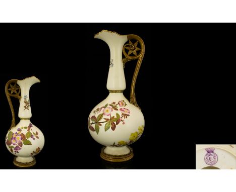 Royal Worcester Early Handpainted Persian Style Jug/Ewer with naturalistic handle.  Decorated with floral images on ivory gro