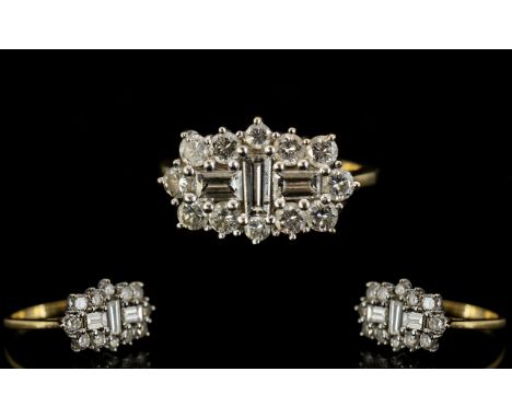 18ct Gold Diamond Set Ring - ladies pleasing baguette and brilliant cut diamond set ring. The diamonds of good colour and cla