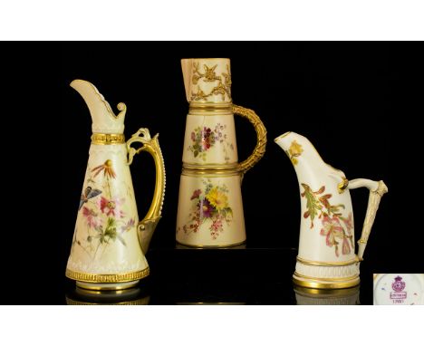 Royal Worcester - Nice Quality Collection of Blush Ivory Hand Painted Jugs / Ewers ( 3 ) In Total of Naturalistic Form / Shap