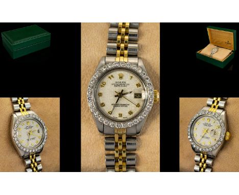 Rolex - Ladies Oyster Perpetual Date-just Steel and Gold Chronometer Wrist Watch, with Diamond Bezel, Features a White Emboss