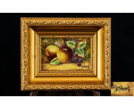 Royal Worcester Signed Handpainted Wall Plaque 'Fallen Fruits' small size still life of apples and blackberries.  Signed J Sk