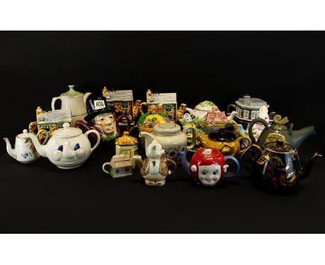 A Collection Of Novelty Decorative Tea Pots to include Annie Rowe Ceramic Hand Painted Eastenders Queen Victoria Teapot, nove