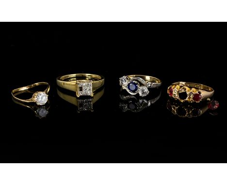 A Collection Of Four 9ct Gold Stone Set Rings All in as found condition, to include Edwardian period, 3 stone ruby dress ring