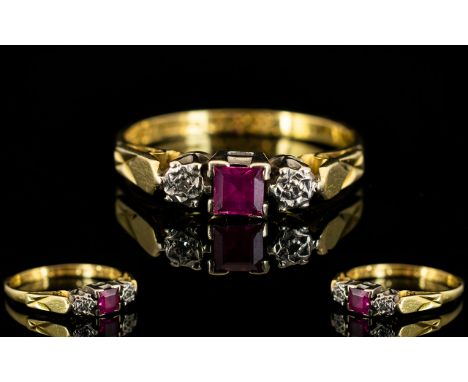 18ct Gold 3 Stone Diamond and Ruby Dress Ring, Square Step-cut Ruby of Good Colour. Fully Hallmarked for 18ct. Ring Size - O.