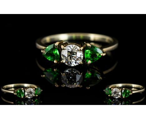 18ct Gold - 3 Stone Green Tourmaline and Diamond Ring of Superb Quality. The Heart Shaped Faceted Green Tourmaline of Wonderf