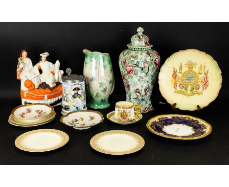 A Mixed Collection Of Ceramics To include Staffordshire flatback figure group, hexagonal vase and cover, coronation ware, Roy