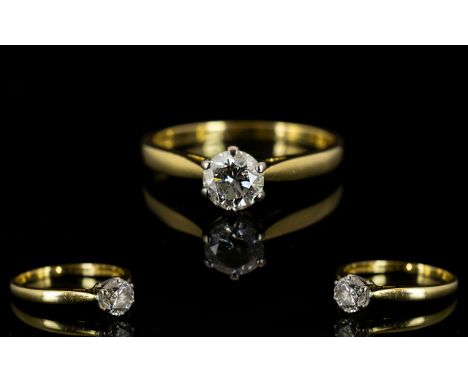 18ct Gold Single Stone Diamond Dress Ring, Fully Hallmarked for 18ct. The Round Brilliant Cut Diamond of Good Colour / Clarit