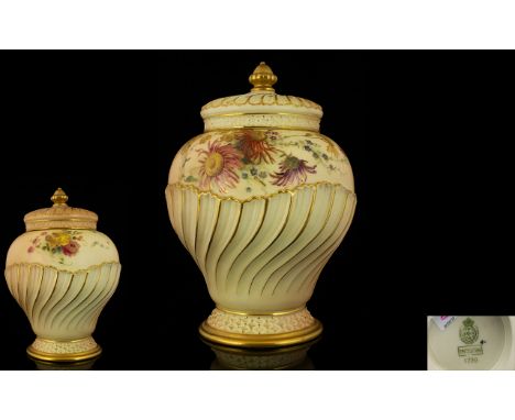 Royal Worcester Handpainted Blush Ivory Pot-Pourri Vase - hand painted, blush ivory with 'spring flowers' decoration. Date 19