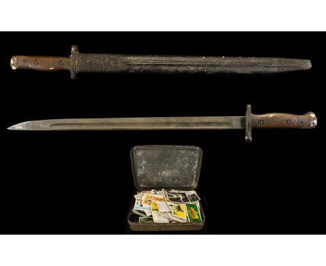 Military Interest 1907 Pattern Bayonet And Scabbard  Along with a small quantity of cigarette cards in tin. Please see accomp