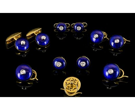 A Complete 18ct Yellow Gold Diamond And Enamel Gentleman's Dress Set Comprising a pair of cufflinks, shirt studs and collar s