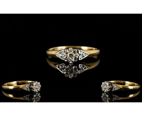 Antique 9ct Gold And Diamond Dress Ring With chevron shoulders, the centre illusion set with single brilliant cut diamond, fu