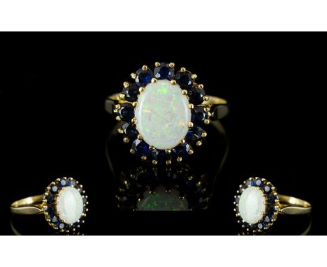 Ladies - 9ct Gold Opal and Sapphire Cluster Ring, Flower head Setting, The Central Opal Surrounded by 12 Sapphires. Ring Size