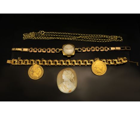 A Mixed Lot Of Jewellery To include ladies rotary wrist watch, base metal belcher chain, base metal bracelet with two gilt co