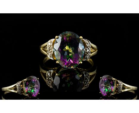 Ladies 9ct Gold Mystic Topaz Set Dress Ring with Diamond Shoulders. Fully Hallmarked for 9ct. Excellent Colour. Ring Size - O