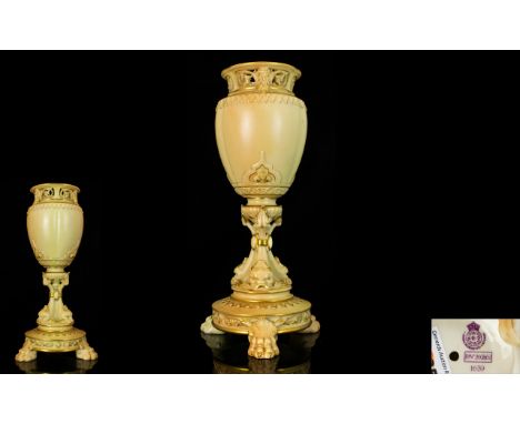 Royal Worcester Very Nice Quality Reticulated Masks Top - Blush Ivory Dolphins - Pedestal Vase. The Figural Pedestal In The F