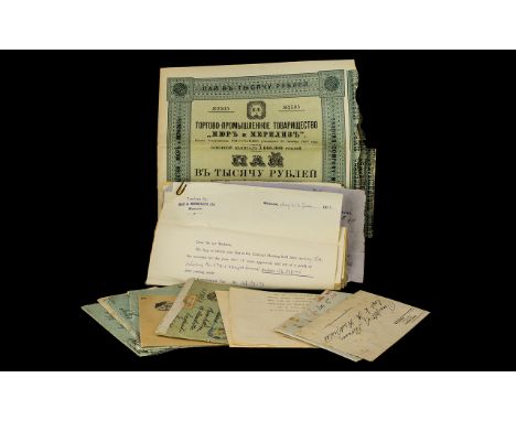 Russian Banking Interest A Collection Of Ephemera Relating To Bonds/ Deposits To include written correspondence, Russian shar