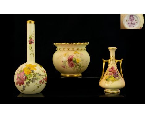 A Small Collection of Royal Worcester Handpainted Blush Ivory Pieces Three (3) in total.  All pieces with Spring Flowers Deco