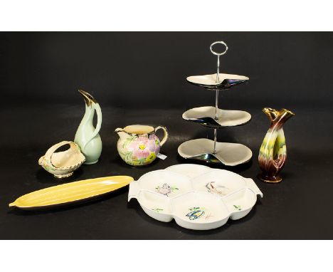 A Mixed Collection Of Early 20th Century Ceramics Seven items in total to include lustre ware cake stand, Arthur Wood 1930's 