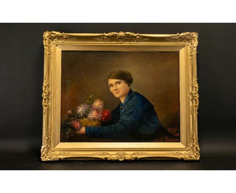 V Denayer (Jumet Belgique) Oil on Canvas Board, signed and dated 1918 (verso lived 1874-1924) Portrait of a lady holding a bo