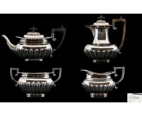 Late Victorian Period Good Quality Solid Silver 4 Piece Tea / Coffee Service of Excellent Proportions with Half Fluted Body /