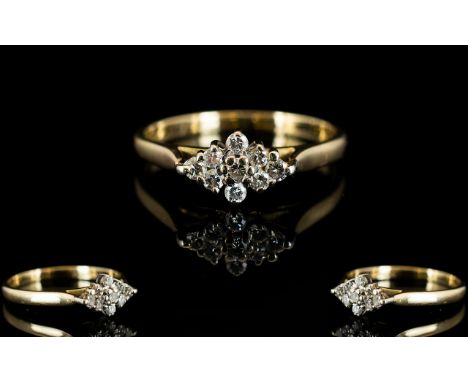 18ct Gold Attractive Diamond Set Dress Ring ' Star Burst ' Design. Hallmarked Rubbed. Ring Size Approx - M. Excellent Conditi