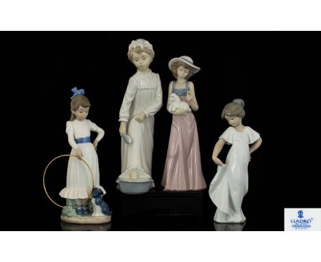 A Collection Of Four Nao Figurines To include young girl with hoop - 9.5 inches in height, lady with poodle, height 10 inches