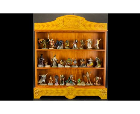 Lord of the Rings Display Case &amp; Figures.   Wooden display case with three shelves, and moulded fascia with 'Lord of the 