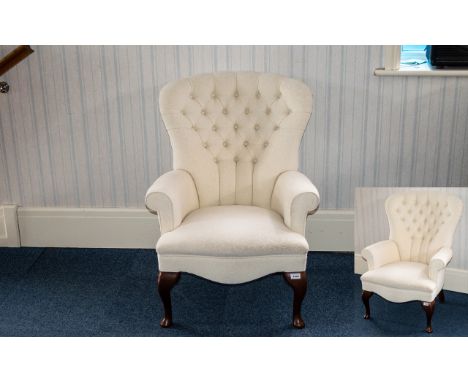 Upholstered Arm Chair Button back finish with cabriole legs, upholstered in cream swirl chenille fabric. As new condition, pl