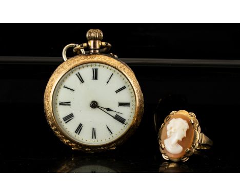 Edwardian Ladies 14ct Gold Cased Pocket Watch Comprising white ceramic dial with black Roman numerals, the case etched with f