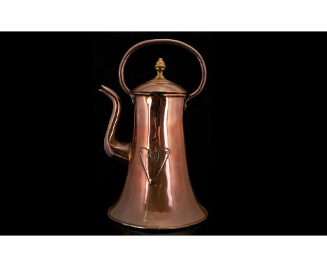 An Arts And Crafts Copper Ewer. Height 12 Inches, Finial To Lid, Top Handle. Flared Base. Please See Accompanying Image