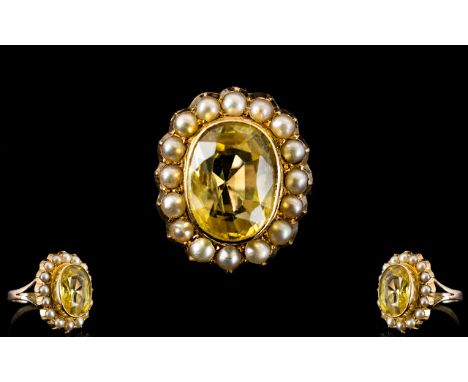 Antique Period Superb / Attractive Child's Size, Caringorm Citrine and Seed Pearl Set Ring. Well Crafted Ring. c.1900. Marked
