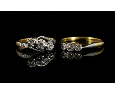 Two 18ct Gold And Diamond Set Dress Rings Each illusion set, the first of plain form with three faceted diamonds to centre, t