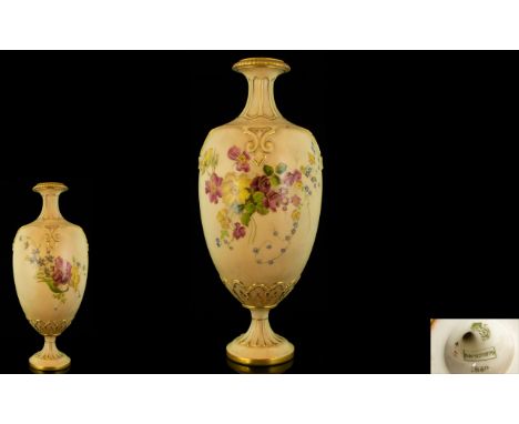 Royal Worcester Handpainted Blush Ivory Vase - hand painted and of pleasing form / shape. Decorated with painted images of sp