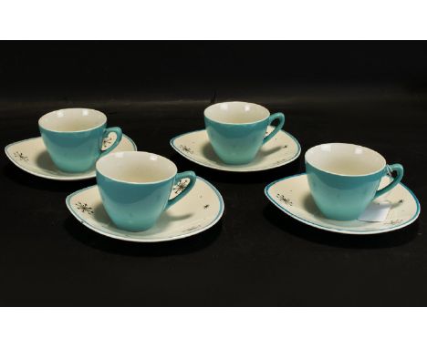 Staffordshire Midwinter Fashion Shape Capri Pattern Cups &amp; Saucers.  Circa 1955, four cups with matching saucers in blue 