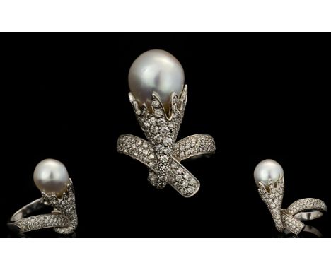 RCM Gioielli Italian Designer 18ct White Gold Diamond And Pearl Set Statement Ring In the form of a stylised seedhead, pave s