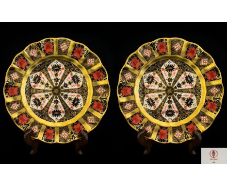 Royal Crown Derby Superb Quality and Wonderful Pair of Old Imari 22ct Solid Gold Band Fluted Dessert Plates, Pattern No 1128 