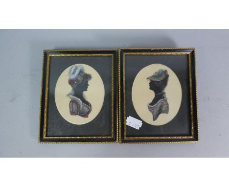 A Pair of Framed Coloured Victorian Portrait Silhouettes of Maidens with Bonnets 