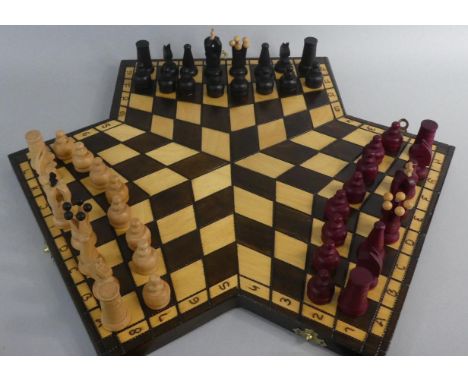 A Novelty Three Sided Chessboard and Chess Piece Set 