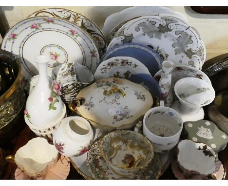 A Tray of Ceramics to Include Wedgwood Blue and Green Jasperware, Cabinet Cups and Saucers, Decorated Plates, Vases etc 