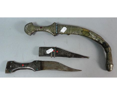 Two Vintage Curved Blade Daggers with Jewelled Brass and Silver Plate Scabbards, Probably North Indian or Persian 