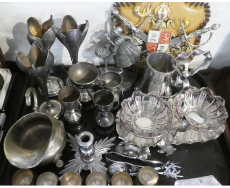 A Tray of Metalwares to Include Vases, Sporting Trophies, Double Preserve Dish, Animal Ornaments, Thistle Candle Stick etc 